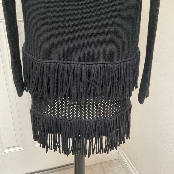 Rebecca Taylor Black Cashmere Wool Blend Fringe Open Front Knit Cardigan - Picture 11 of 12